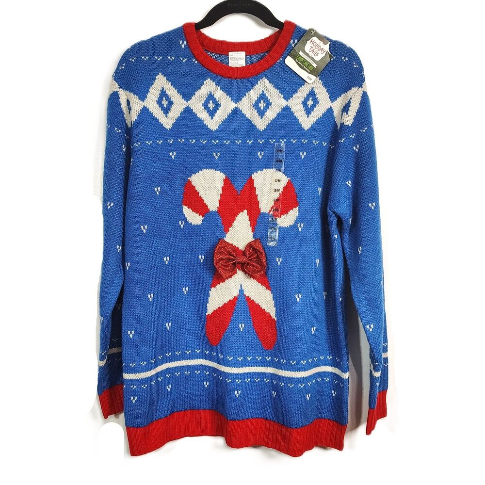 New! CANDY CANE LANE Christmas Sweater Small Medium Women's Blue Red Long Sleeve